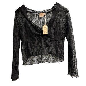 GLG Good Luck Gem Top M Black Lace Sheer Babydoll Crop Y2K Wimsigoth Fairy Witch